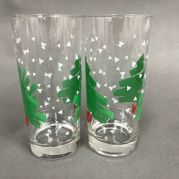 Dayton Hudson 1988 Highball Glasses Christmas Tree Clear Green Red Lot of 2 - Picture 2 of 7